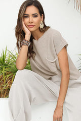 Apricot khaki Patch Pocket Loose Short Sleeve Sweater Sweaters & Cardigans JT's Designer Fashion