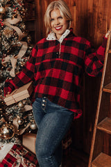 Red Plus Size Buffalo Plaid Sherpa Henley Sweatshirt Plus Size JT's Designer Fashion