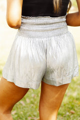 Gray Metallic Sheen Smocked High Waist Shorts Casual Shorts JT's Designer Fashion