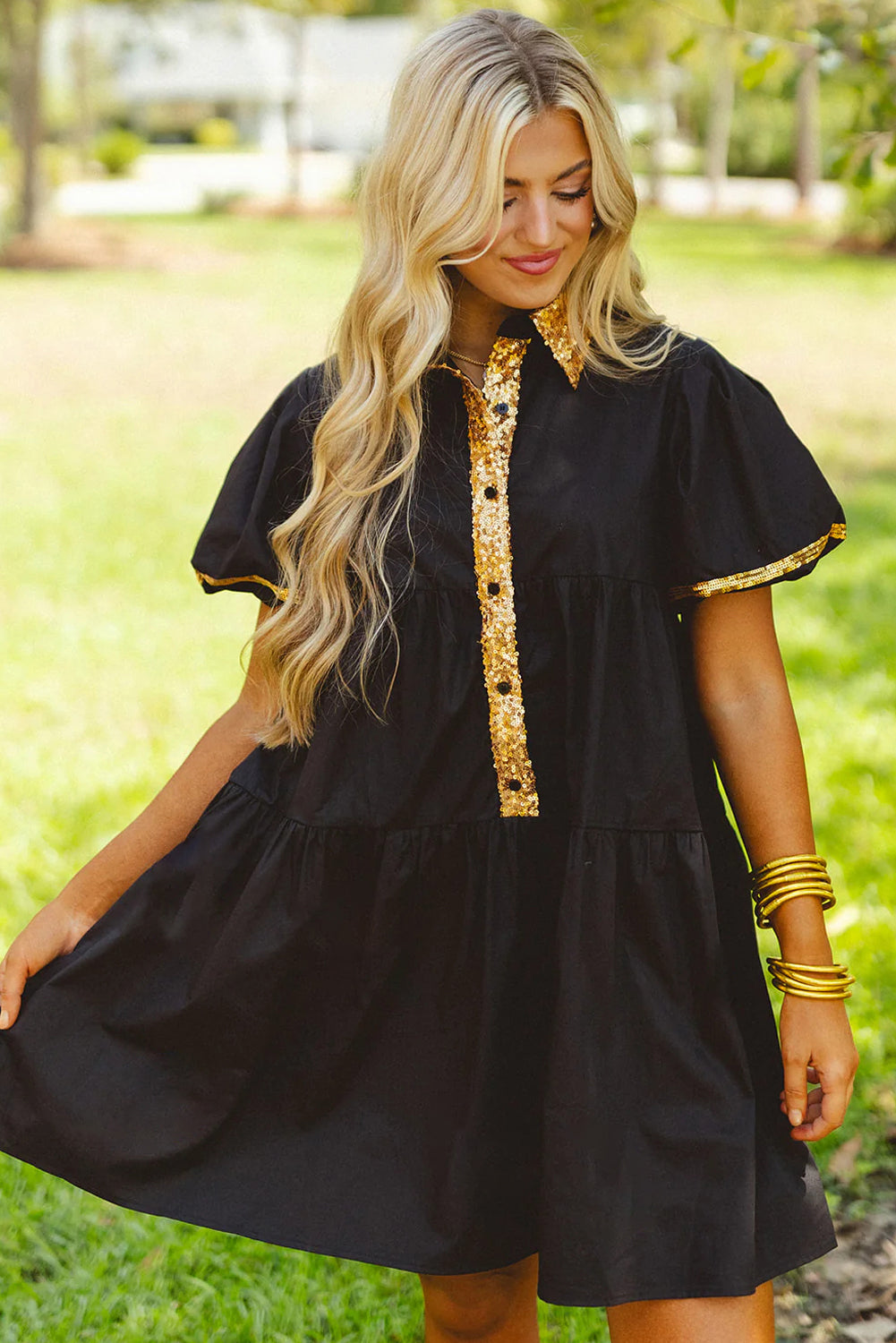 Black Sequin Trim Bubble Sleeve Game Day Shirt Dress Dresses JT's Designer Fashion