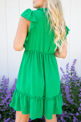 Bright Green Split V Neck Elastic Waist Ruffled Dress Dresses JT's Designer Fashion