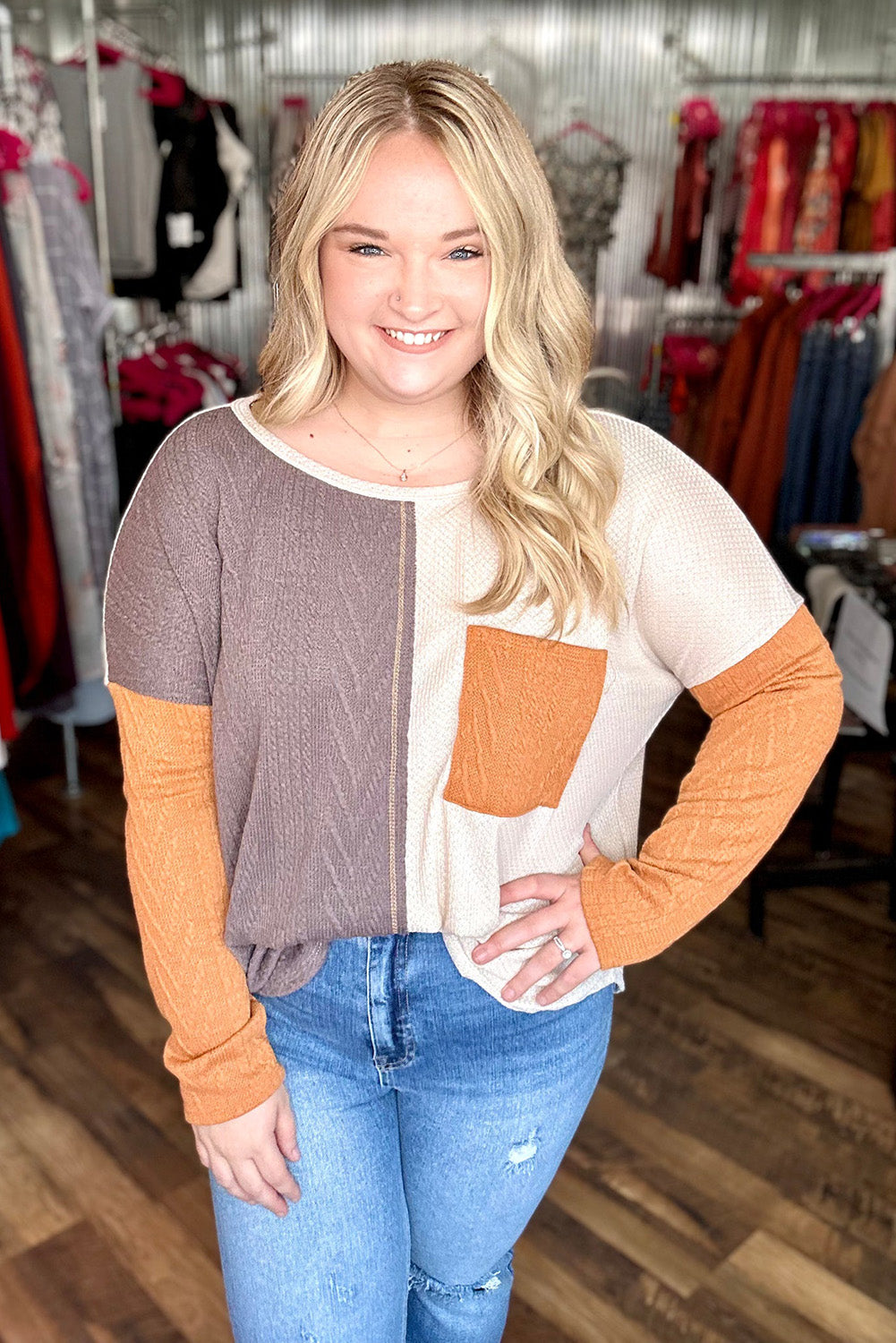 Chestnut Color Block Textured Pocketed Plus Size Top Plus Size JT's Designer Fashion