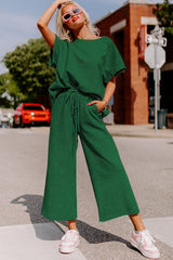 Dark Green Gray Textured Loose Fit T Shirt and Drawstring Pants Set Bottoms JT's Designer Fashion