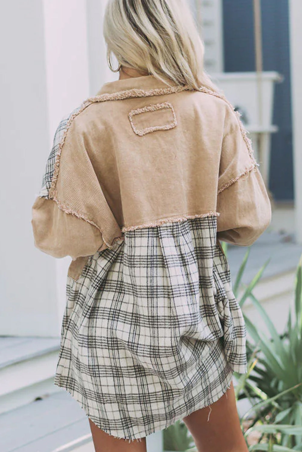 Khaki Distressed Raw Edge Plaid Patchwork Denim Jacket Denim jackets JT's Designer Fashion