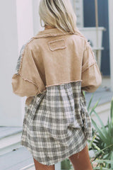 Khaki Distressed Raw Edge Plaid Patchwork Denim Jacket Denim jackets JT's Designer Fashion