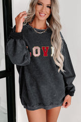 Black Glitter LOVE Letter Graphic Corded Baggy Sweatshirt Graphic Sweatshirts JT's Designer Fashion