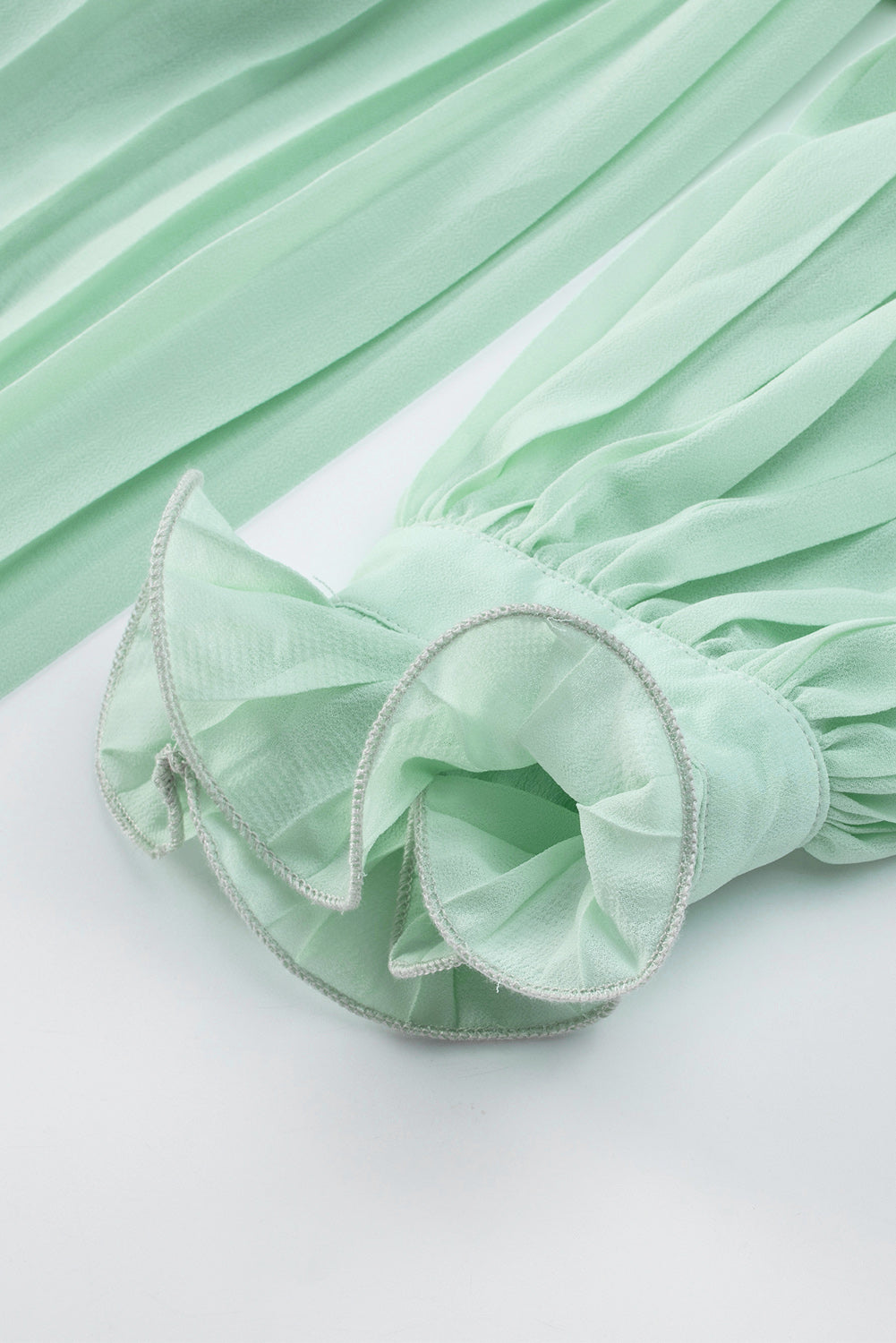 Green Pleated Ruffled Tie Waist Buttons V Neck Romper Jumpsuits & Rompers JT's Designer Fashion