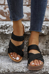 Black Linen Woven Cross Criss Hollowed Slip-On Slippers Slippers JT's Designer Fashion