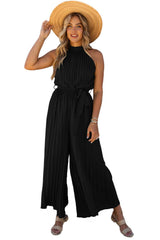Black Halter Neck Pleated Wide Leg Jumpsuit with Belt Jumpsuits & Rompers JT's Designer Fashion