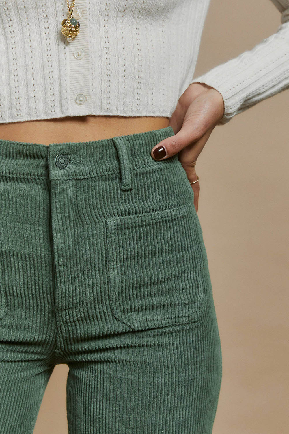 Green Square Pockets Flare Leg Corduroy Pants Bottoms JT's Designer Fashion