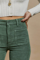 Green Square Pockets Flare Leg Corduroy Pants Bottoms JT's Designer Fashion