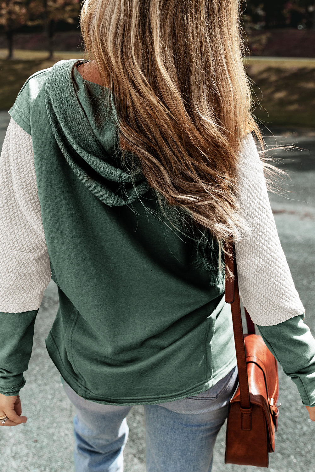 Mist Green Contrast Splicing Sleeves Hooded Sweatshirt Sweatshirts & Hoodies JT's Designer Fashion