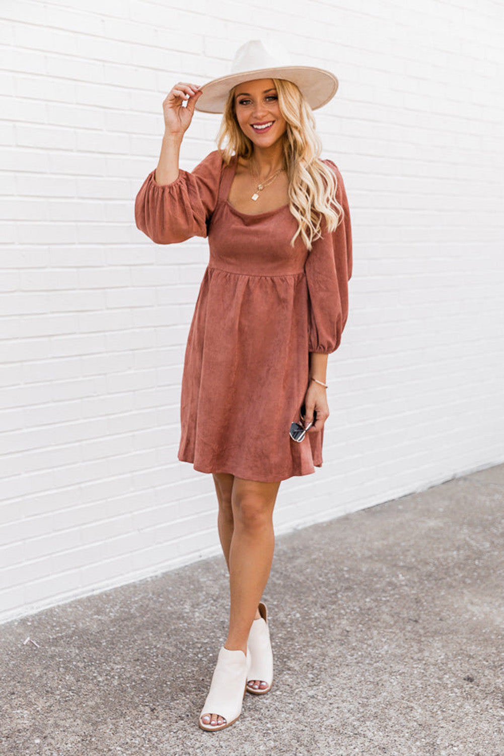 Brown Suede Square Neck Flared Dress Dresses JT's Designer Fashion