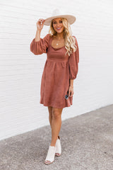 Brown Suede Square Neck Flared Dress Dresses JT's Designer Fashion