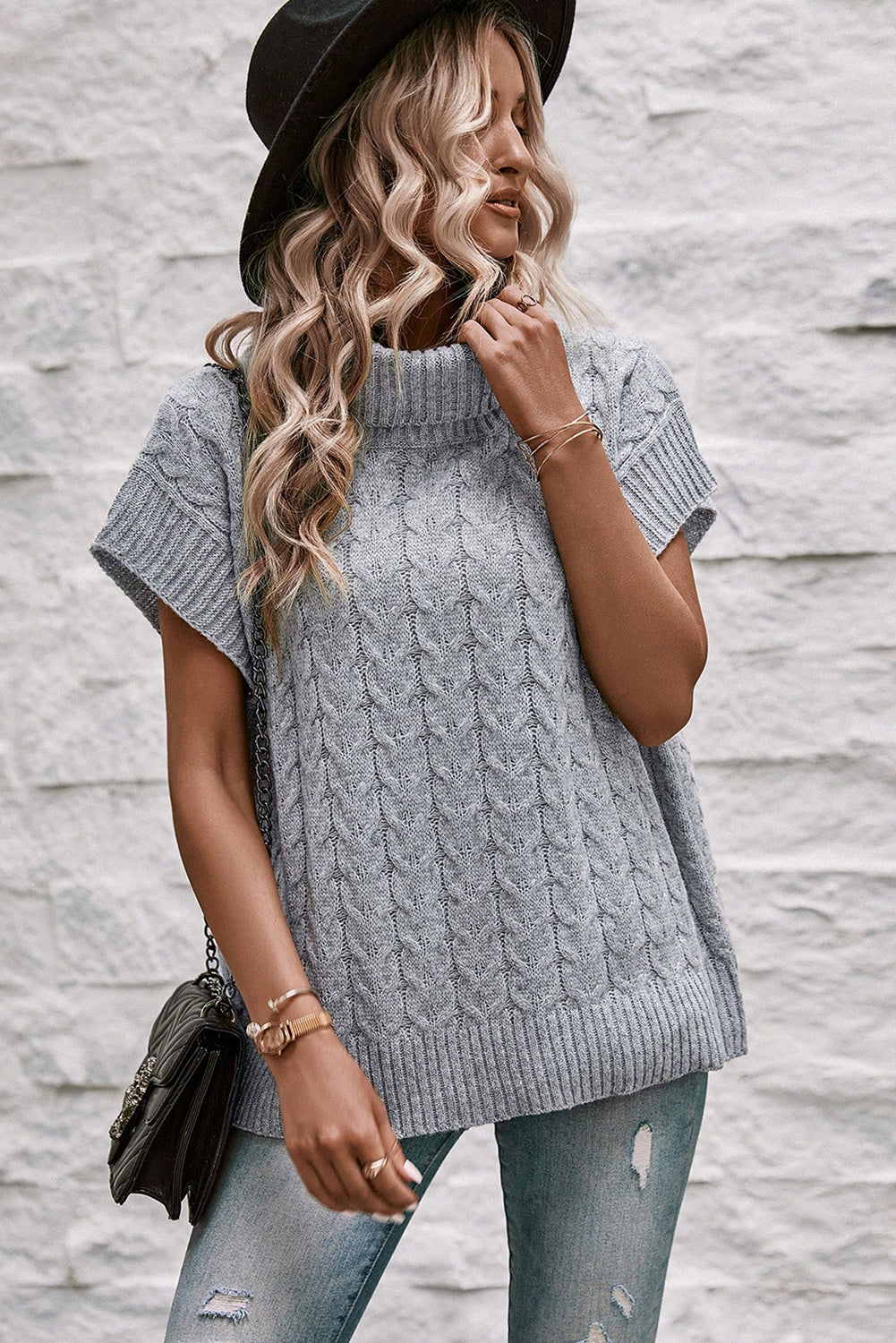 Medium Grey Turtleneck Short Batwing Sleeve Cable Knit Sweater Sweaters & Cardigans JT's Designer Fashion