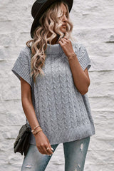 Medium Grey Turtleneck Short Batwing Sleeve Cable Knit Sweater Sweaters & Cardigans JT's Designer Fashion