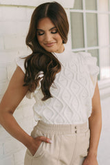 White Textured Ruffled Round Neck Knitted Vest Sweaters & Cardigans JT's Designer Fashion