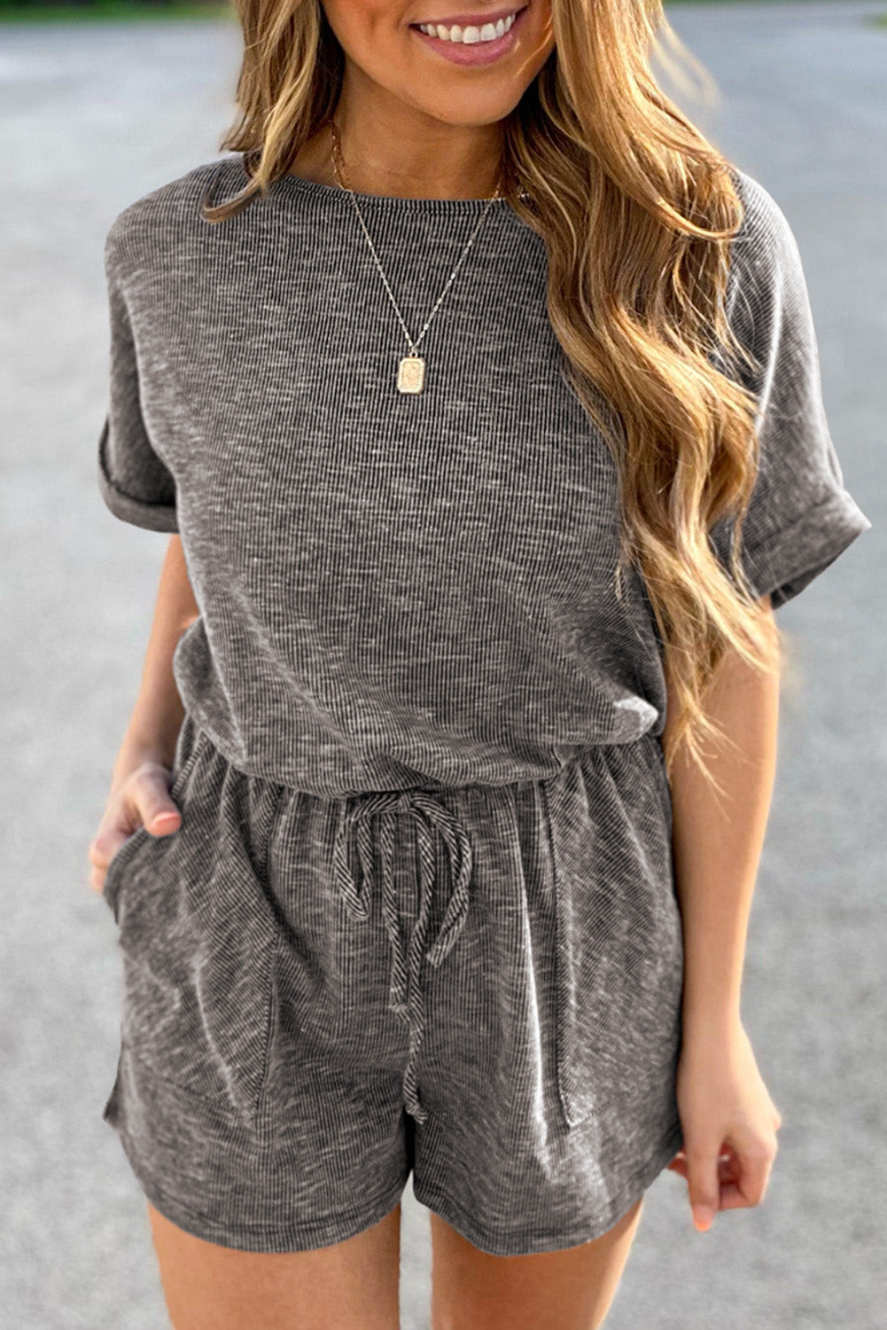 Gray Ribbed Elastic Waist Romper Gray 95%Polyester+5%Elastane Jumpsuits & Rompers JT's Designer Fashion