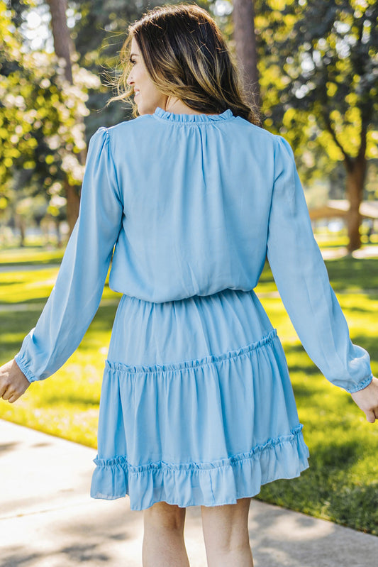 Light Blue V Neck Long Sleeve Ruffle Tiered Mini Dress Mini Dresses JT's Designer Fashion