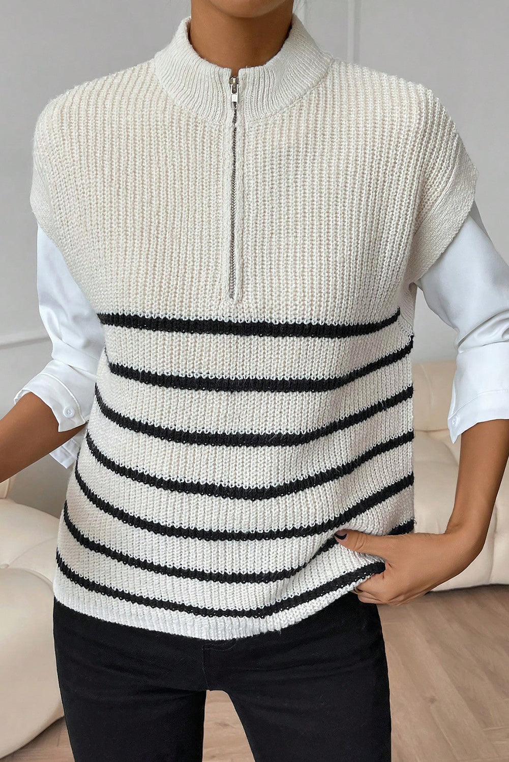 White Stripe Half Zip Split Neck Sweater Vest Sweaters & Cardigans JT's Designer Fashion