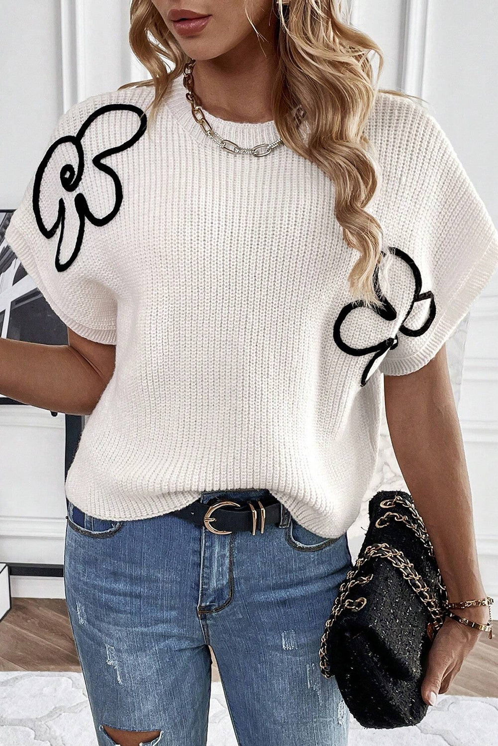 White Floral Pattern Short Batwing Sleeve Sweater Sweaters & Cardigans JT's Designer Fashion