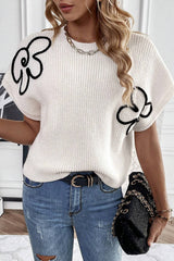 White Floral Pattern Short Batwing Sleeve Sweater Sweaters & Cardigans JT's Designer Fashion