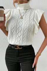 Bright White Cable Knit Ruffled Short Sleeve Turtle Neck Sweater Sweaters & Cardigans JT's Designer Fashion