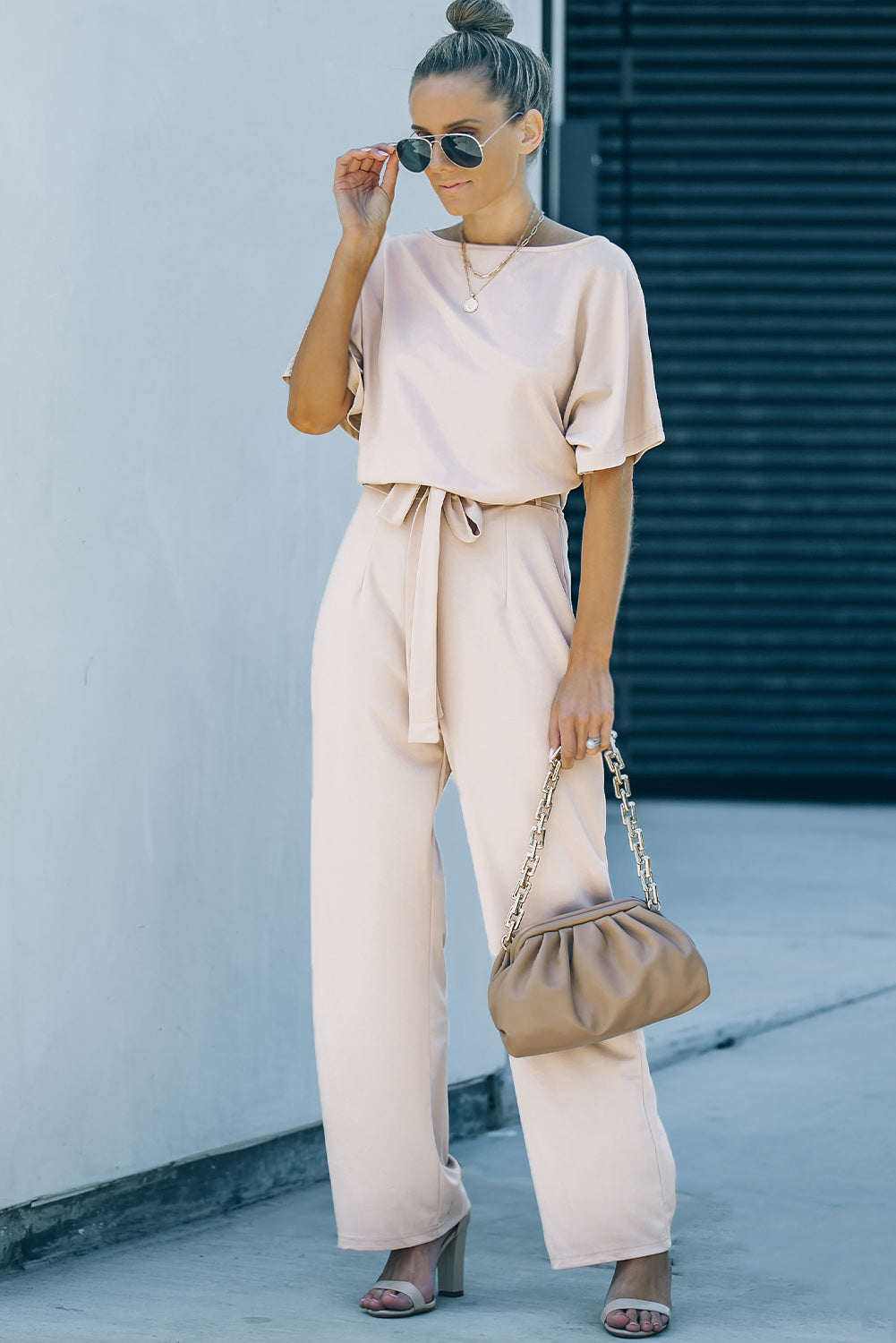 Apricot Oh So Glam Belted Wide Leg Jumpsuit Jumpsuits & Rompers JT's Designer Fashion
