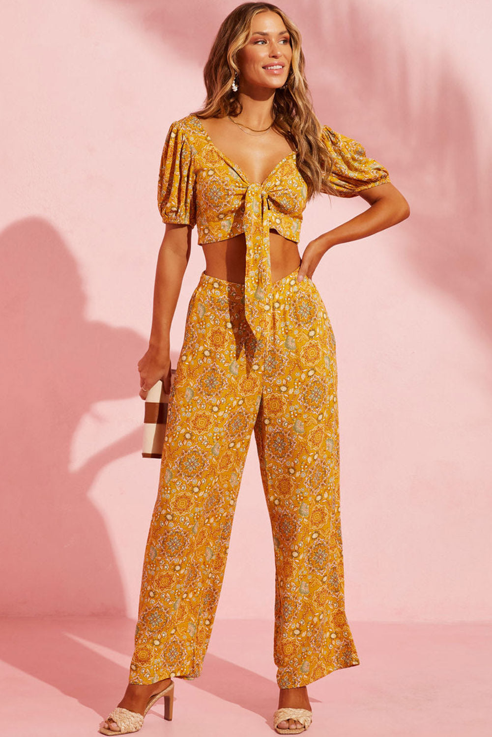 Yellow Bohemian Print Pocketed Wide Leg Pants Bottoms JT's Designer Fashion