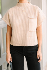 Oatmeal Patch Pocket Ribbed Knit Short Sleeve Sweater Sweaters & Cardigans JT's Designer Fashion