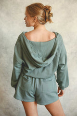 Blue Solid Hooded Sweatsuit Style Romper Bottoms JT's Designer Fashion