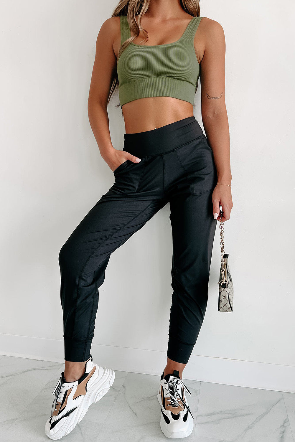 Black Exposed Seam Pocketed High Waist Jogger Pants Bottoms JT's Designer Fashion