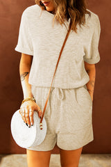 Beige Ribbed Elastic Waist Romper Jumpsuits & Rompers JT's Designer Fashion