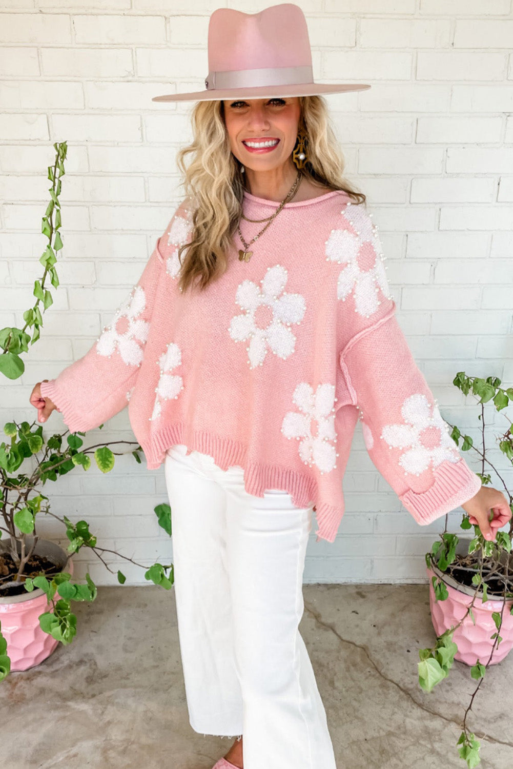 Multicolour Beaded Daisy Pattern Drop Shoulder Sweater Sweaters & Cardigans JT's Designer Fashion