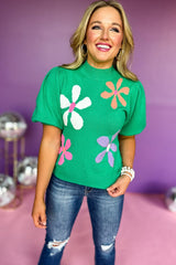 Bright Green Floral Bubble Sleeve Knitted Top Sweaters & Cardigans JT's Designer Fashion