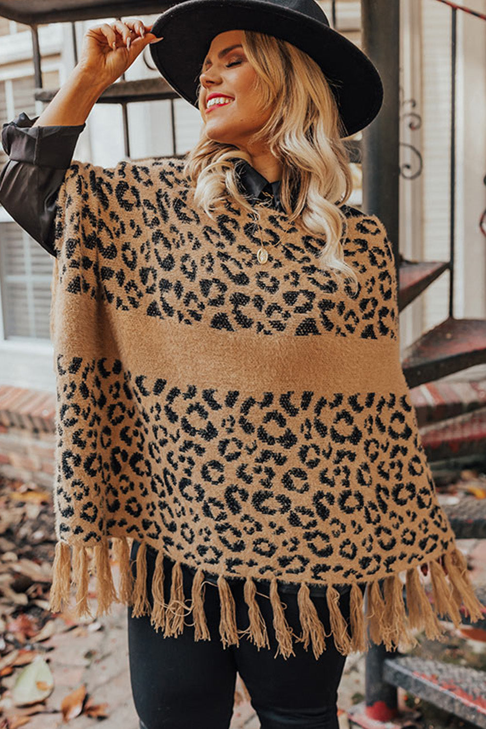 Leopard Plus Size Tasseled Hem Draped Poncho Plus Size JT's Designer Fashion