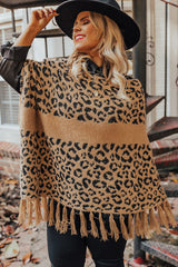 Leopard Plus Size Tasseled Hem Draped Poncho Plus Size JT's Designer Fashion