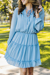 Light Blue V Neck Long Sleeve Ruffle Tiered Mini Dress Mini Dresses JT's Designer Fashion