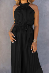 Black Halter Neck Pleated Wide Leg Jumpsuit with Belt Jumpsuits & Rompers JT's Designer Fashion