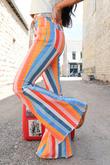 Multicolor Striped Raw Hem Flared Bottom Denim Pants Bottoms JT's Designer Fashion