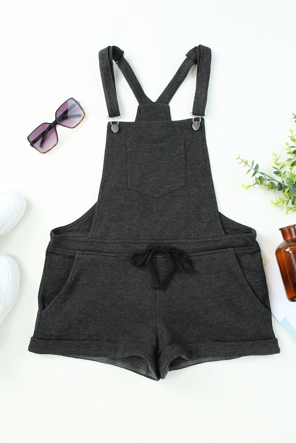 Gray Vintage Washed Drawstring Short Overalls Jumpsuits & Rompers JT's Designer Fashion