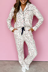 White Contrast Pipping Star Print Long Sleeve and Pants Pajamas Set Loungewear JT's Designer Fashion