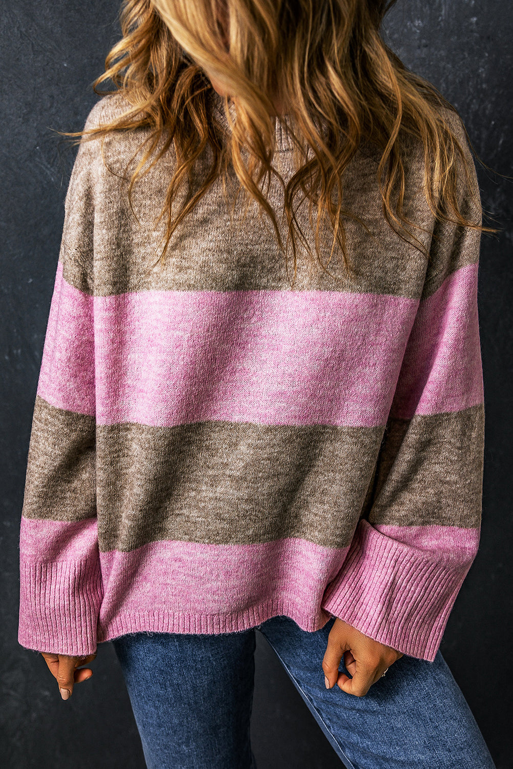 Rose Stripe Crew Neck Wide Sleeve Colorblock Sweater Sweaters & Cardigans JT's Designer Fashion