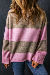 Rose Stripe Crew Neck Wide Sleeve Colorblock Sweater Sweaters & Cardigans JT's Designer Fashion