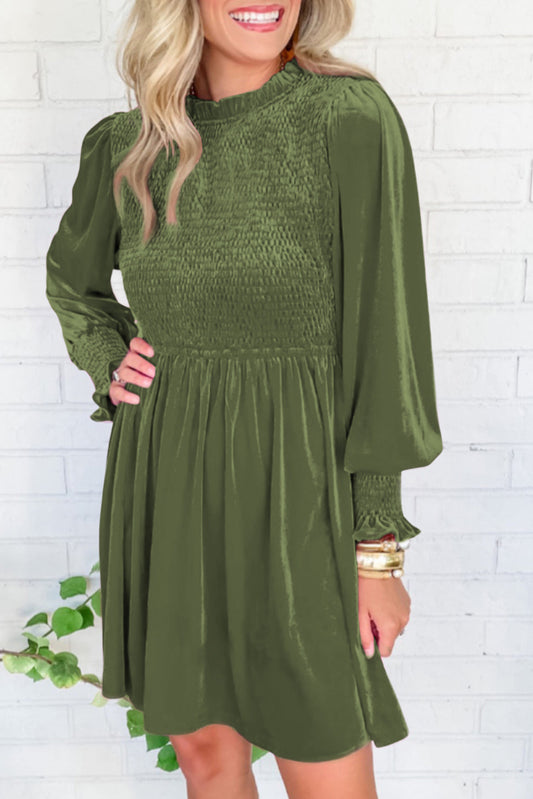 Moss Frilled Neck Smocked Bodice Velvet Dress Dresses JT's Designer Fashion