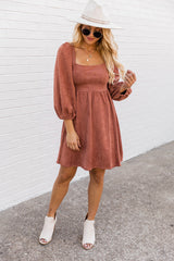 Brown Suede Square Neck Flared Dress Dresses JT's Designer Fashion