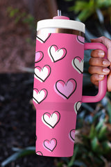 Rose Red Valentines Heart Printed Thermos Cup with Handle Tumblers JT's Designer Fashion
