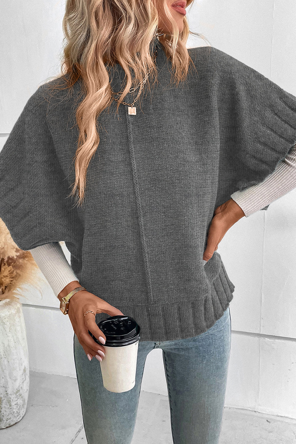 Medium Grey Mock Neck Batwing Short Sleeve Knit Sweater Sweaters & Cardigans JT's Designer Fashion