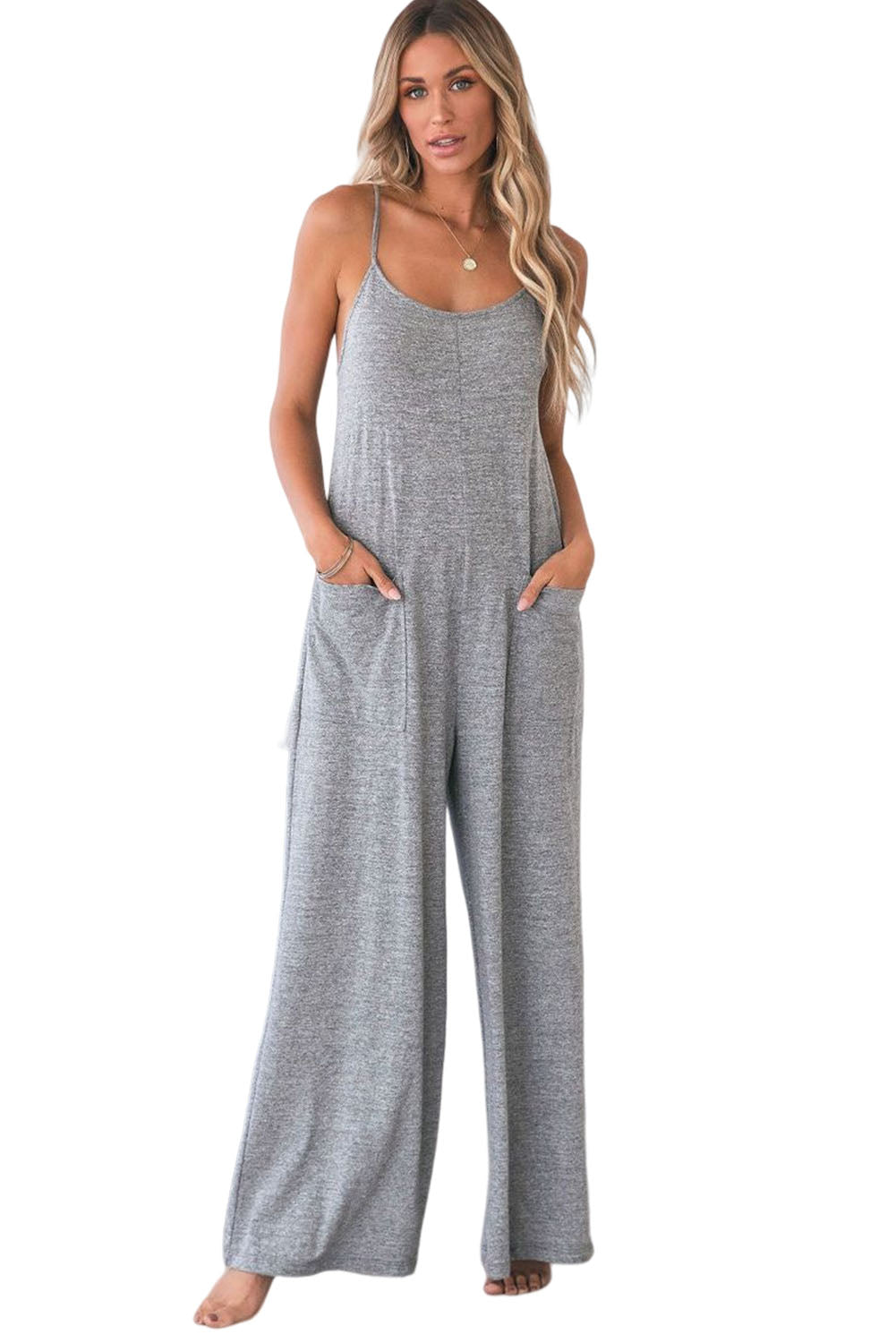 Gray Loose Fit Side Pockets Spaghetti Strap Wide Leg Jumpsuit Jumpsuits & Rompers JT's Designer Fashion