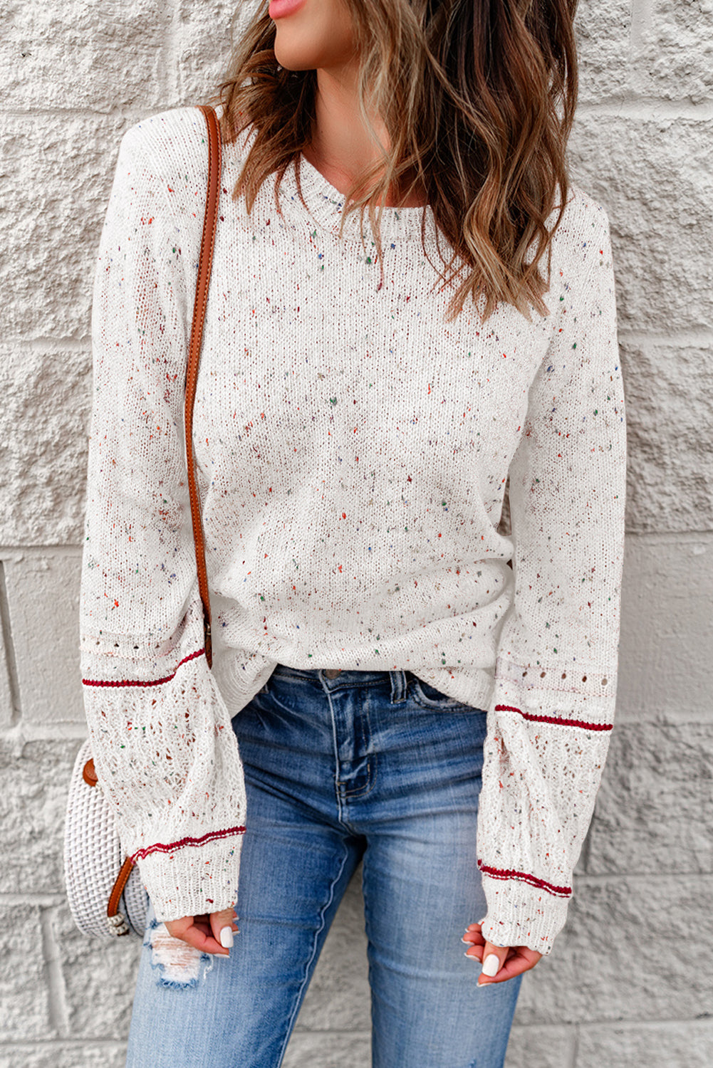 Bright White Pilling Detail Patterned Sleeve Sweater Sweaters & Cardigans JT's Designer Fashion